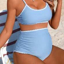 Swim Vcay Conjunto de traje de baño de maternidad casual de vacaciones de verano con diente de tiburón en contraste de color negro, 26SS - Azul - Ver 1