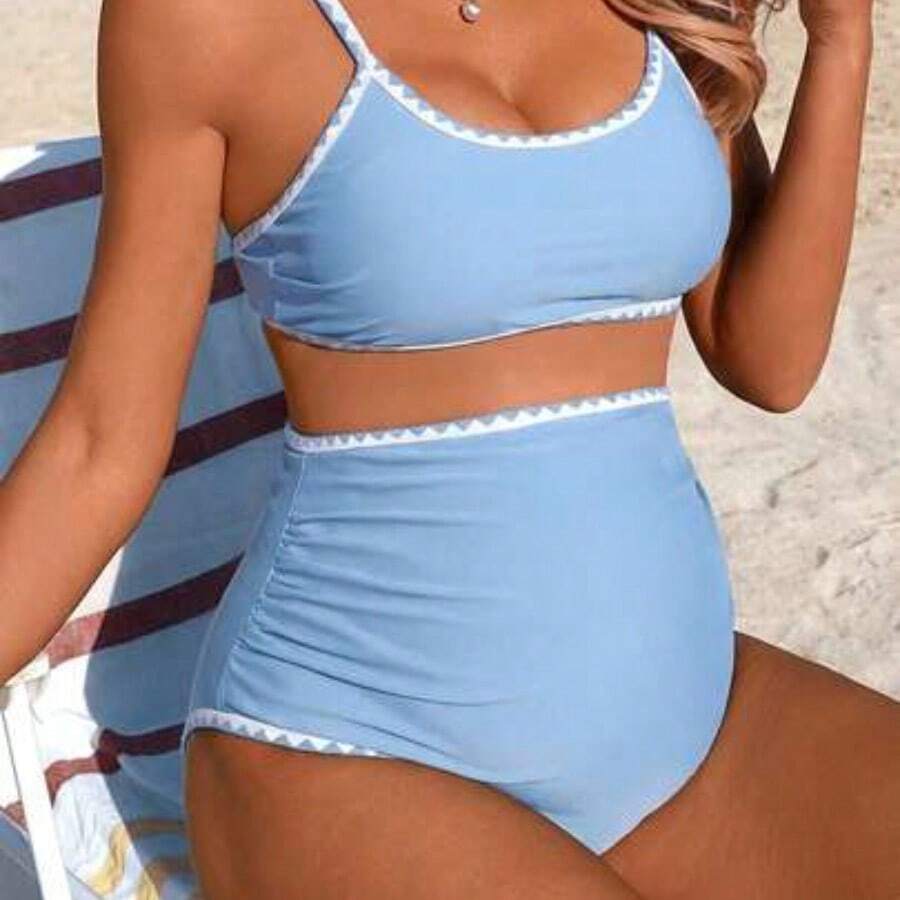 Swim Vcay Conjunto de traje de baño de maternidad casual de vacaciones de verano con diente de tiburón en contraste de color negro, 26SS - Azul - Ver 1