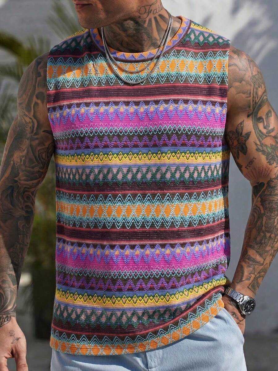 Men's Casual Contrast Color Round Neck Tank Top For Summer - Mauve Purple - View 1