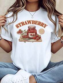 Camiseta de Verano para Mujer, Estilo Vintage con Estampado de Mermelada de Fresa, Camiseta Gráfica de Estilo Vintage para Mujer, Ropa Casual de Verano, Top con Estampado de Frutas, Regalo para Amantes de la Fresa, Moderna, Fresca y Cómoda - Blanco - Ver 6