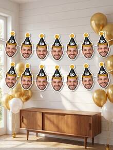 7/14/21pcs Custom Party Hat Birthday Photo Paper Banner, Personalized Face Cutout Garland, Black & Gold Party Hat Banner, Personalized 30th, 40th, 50th, 60th Birthday Gift For Him, Party Decor, Birthday Decorations, Milestone Celebration - Multicolor - View 4