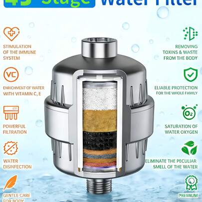 45-Degree Angle Wall-Mounted Shower Filter, Universal Multi-Layer Shower Head Water Purifier, Upgraded Filtration, Brushed Surface, Durable Structure, Effective Water Filtration, Removes Chlorine, Heavy Metals And Impurities, Softens Water To Care For Skin And Hair, Reduces Dry Skin