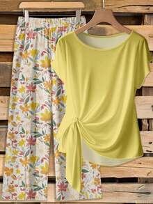 Conjunto de 2 piezas de blusa estampada y pantalones de pierna ancha con cintura de lazo para mujer - Multicolor - Ver 1