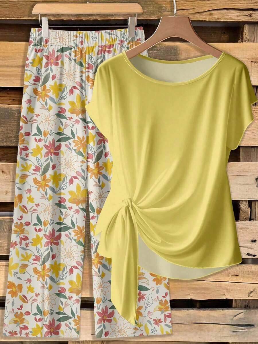 Conjunto de 2 piezas de blusa estampada y pantalones de pierna ancha con cintura de lazo para mujer - Multicolor - Ver 1