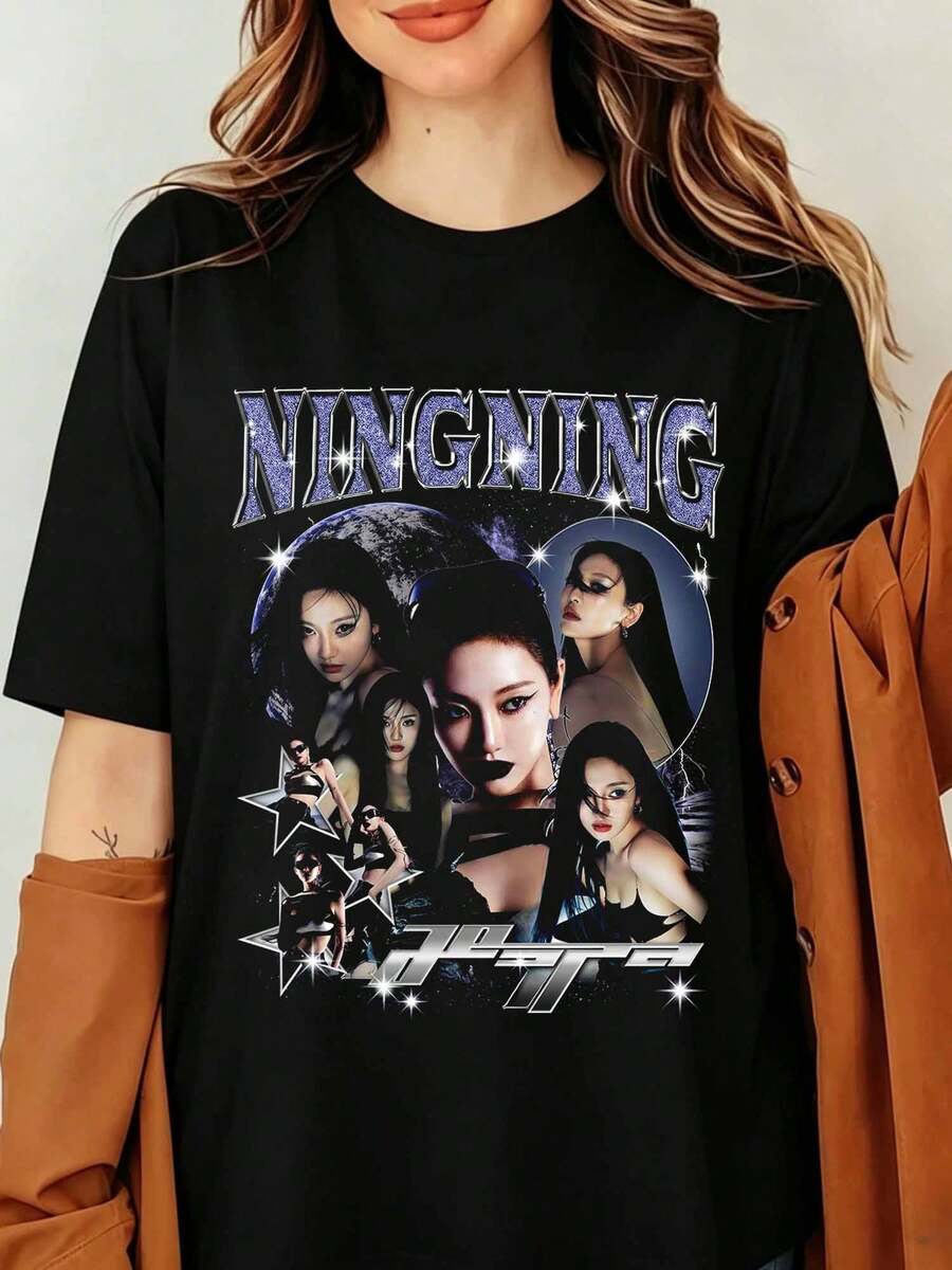Ningning Aespa K-Pop Graphic T-Shirt Ning Yizhuo Vintage 90s Bootleg Print Streetwear Top, Ningning Aespa Graphic Shirt, Aespa Whiplash Album Shirt, Armageddon Album Shirt, Aespa World Tour Ningning, Karina, Giselle, Winter Sweater - Black - View 1