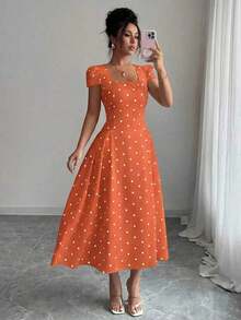 Vestido largo con cuello cuadrado, mangas cortas, cintura fruncida y estampado de lunares elegante para mujer - Naranja - Ver 4