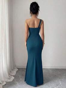 Elenzya Vestido elegante y romántico para mujer con escote asimétrico, cintura ceñida, bajo de cola de pez, decoración de perlas, adecuado para fiestas y reuniones - Agua verde azul - Ver 2