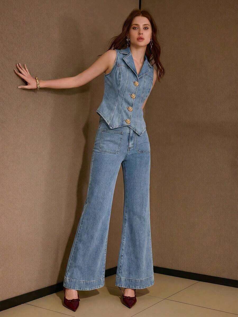 PREMIUM Conjunto de 2 piezas de chaleco vaquero con hebilla metálica y jeans para mujer, primavera/verano - Azul lavado medio - Ver 1