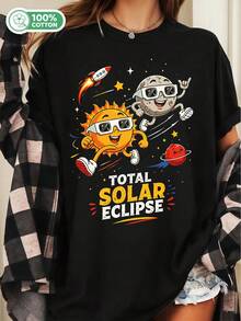Total Solar Eclipse Cartoon Sun And Moon Unisex Cotton T-Shirt Funny Astronomy Graphic Casual Tee - Black - View 6