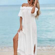 Swim Vcay Women's Ruffled Off Shoulder Mid-Calf Beach Dress, Sexy Beach Dress, Lantern Sleeve Wedding Guest Slit Flowing Dress For Summer Beach Vacation - Rosa - Ver 7