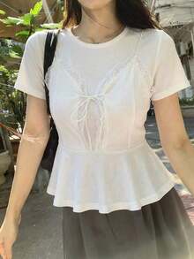 Camiseta de mujer con cuello redondo de manga corta con 2 en 1 y encaje empalmado - Blanco 2 - Ver 4