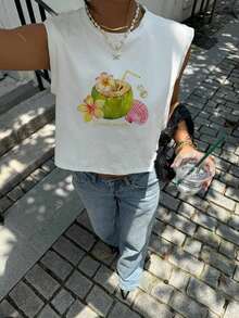 Camiseta de tirantes corta con cuello redondo y estampado de limones, adecuada para el verano - Blanco 2 - Ver 3