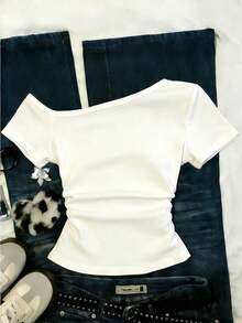 Camiseta casual de mujer con hombro asimétrico y mangas cortas a rayas - Multicolor 5 - Ver 2