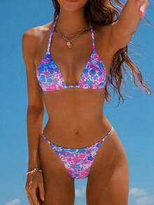 Conjunto de bikini de rayas coloridas y sexy para primavera/verano 2026, traje de baño de estilo minimalista de tres puntos para mujeres jóvenes - Multicolor 10 - Ver 9