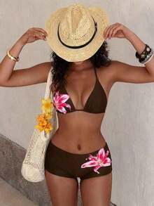 Traje de baño con estampado floral de moda: Top de bikini tipo camiseta con estampado de loto negro + Bottom de traje de baño de talle alto - Conjunto de traje de baño elegante y cómodo para vacaciones de verano, playa y uso en resort en color rojo - Marrón - Ver 1