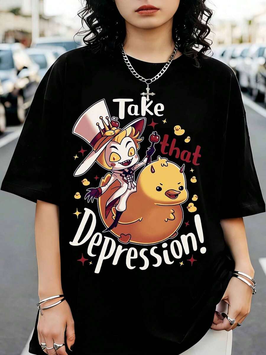 HazbinS HotelS Take That Depression T-Shirt, Anime Graphic T-Shirt, Casual Top For Fans - Black - View 1