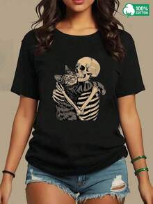 1pieza Blusas de mujer hermosas Blusas para mujeres Conjuntos de ropa para mujeres Camiseta blanca y negra de 180G con impresión de gato y esqueleto abrazándose Alta calidad Cuello redondo básico holgado transpirable Versátil Lavable en máquina Cómodo Talla S ~ 3XL Esencial diaria casual deportiva para verano. Puro Algodón - Negro - Ver 4