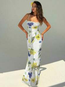 Vestido con estampado floral elegante y espalda descubierta para mujer - Blanco 2 - Ver 3