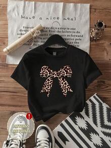 Envío gratis, entrega local enéxico, entrega en 4 días. Camiseta de manga corta con cuello redondo y estampado de leopardo minimalista para mujer, con lazo, para verano. - Negro - Ver 1