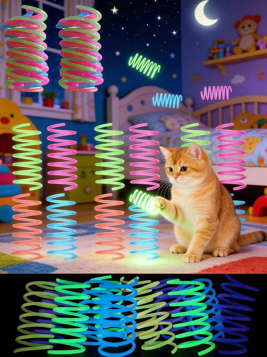 Happy Kitten 2/4/8pcs Glowing Spring Cat Toy Set, Spiral Design, Colorful Interactive Kitten Toys, Suitable For Cats To Chase, Play And Exercise, Perfect For Nighttime Interaction And Entertainment, Suitable For Kittens And Adult Cats - View 1