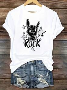 Camiseta Deportiva de Moda para Mujer con Estampado de Letras RO y Diseño de Gestos Rockeros, Cuello Redondo y Manga Corta - Blanco - Ver 1