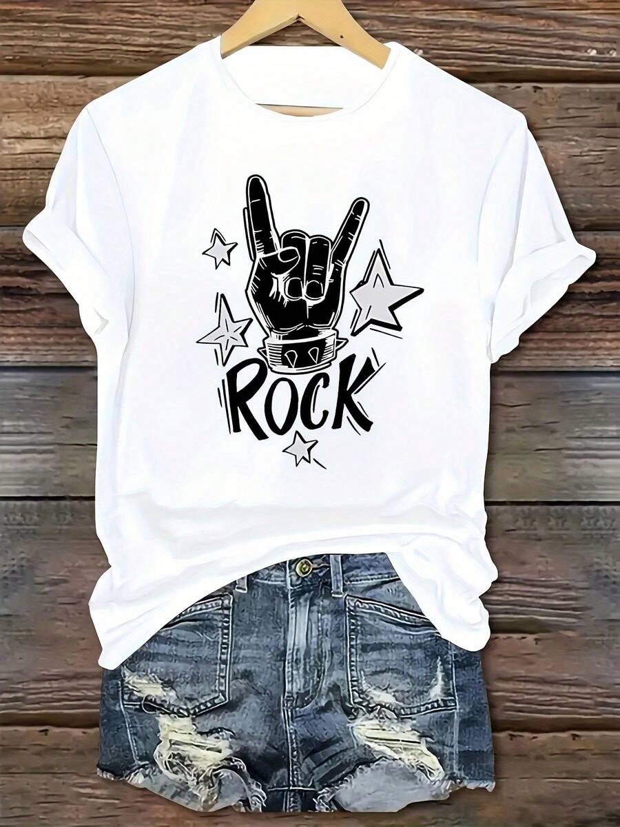 Camiseta Deportiva de Moda para Mujer con Estampado de Letras RO y Diseño de Gestos Rockeros, Cuello Redondo y Manga Corta - Blanco - Ver 1