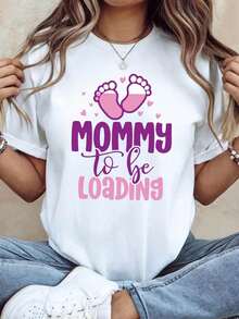 Women's Maternity T-Shirt "Mommy To Be Carried" - Pink Footprint Print Bump Top, Stretch Short Sleeve Pregnancy Tee Suitable For Showers, Spring/Summer Casual Wear, No-Outfits - 白色 - 查看 1