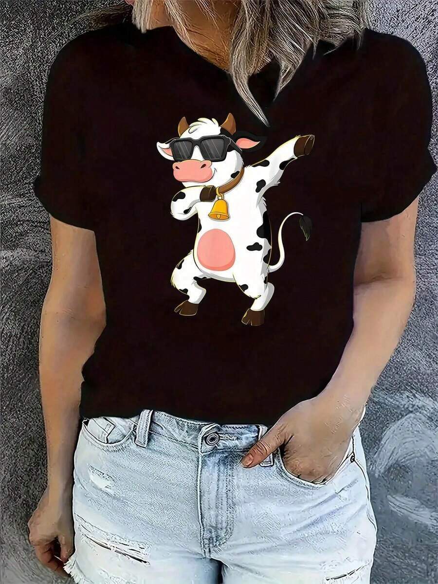 1 Piece Casual Fashion Men's And Women's T-Shirt With Cute Cow Print, Ballerina Cow Is Black And White And Pink Belly Button - Summer Top With Short Sleeves And Round Neck, Comfortable Casual Wear For All Seasons, Cow Pattern Blouse For Parties And Daily Outfits | Exquisite Design | Loose And Comfortable | Easy To Match | Versatile, Easy To Match, For Daily Wear, Urban Style, Vacation Outfits, Weekend Outfits. - 黑色 - 查看 1