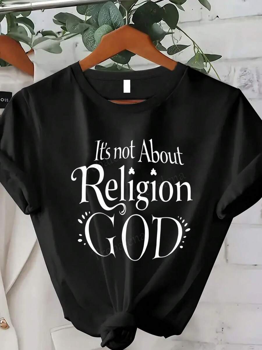 Trebalena Women's Plus Size T-Shirt With The Phrase "It's Not A Religious Issue, It's A Relationship With God" - Religious Themed T-Shirt, 100% Loose Fit, Short Sleeve, Round Neck, Casual, For Everyday Summer Wear. - 黑色 - 查看 1