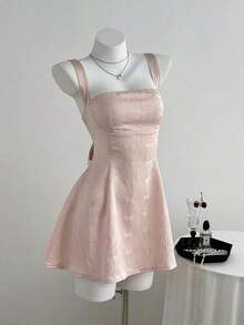 Vestido elegante de mujer con lazo de unicolor, jacquard y cordones en la espalda - Rosa - Ver 6