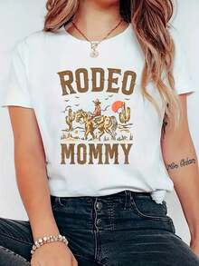 Mother's Day Set: Women's Western Cowboy Style T-Shirt With Cowgirl Print - Soft, Breathable, Lightweight, Short Sleeve, Crew Neck, With Cactus And Horse Prints, Unisex Style, Suitable For Western Themed Birthday Party Outfits, Matching Family Outfits, Casual And Spring Tops (Size M) - 白色 - 查看 6