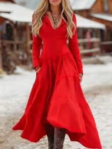 New  Women's Dress, Denim Style, Long Sleeves, Fitted Cut, Appliqué/Fabric Mix Design, Casual Style, Flattering Design, Perfect For Everyday And Urban Looks - Red - View 6