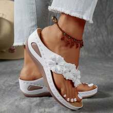 Women Plus Size Elegant Open Toe Sandals, Solid Color Floral Decor Summer Fairy Flip Flops, Fabric Upper Lining, Microfiber Insole & Non Slip Outsole - White - View 4