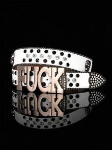 1 pieza Cinturón de cuero de unicolor para hombres con hebilla, letra y diamantes de imitación, estilo hip hop punk callejero - Hebilla con letra - Ver 4