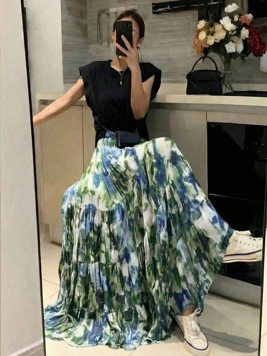 Falda larga de mujer EARO de múltiples capas con estampado de teñido anudado, cintura elástica, elegante y estilizadora, cintura alta con cintura recogida elástica, estampado de teñido anudado, corte evasé para primavera/verano y vacaciones - Albaricoque verde - Ver 1