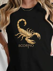 Premium Women's T-Shirt With Scorpio Zodiac Design - Exquisite Scorpion Print And Astrological Symbol, Casual Short-Sleeve Crew Neck Top, Breathable Medium-Stretch Fabric, Machine Washable, Suitable For All Seasons, Bold Design, Comfortable Fit. A Must-Have. - 黑色 - 查看 1