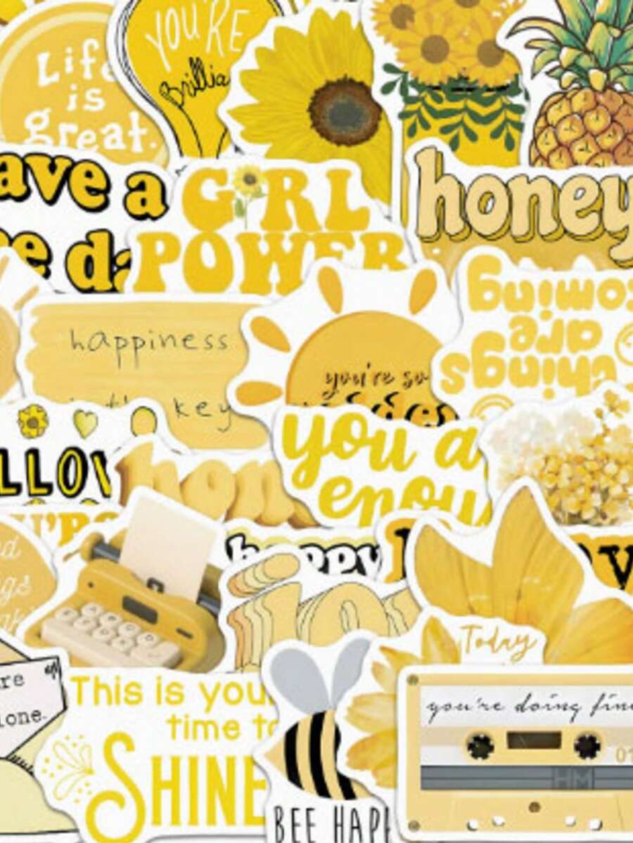 50 miếng nhãn dán hoạt hình truyền cảm hứng màu vàng tiếng Anh, nhãn dán graffiti động lực, nhãn dán chống nước và bền phù hợp cho chai nước, đàn guitar, vali, ốp điện thoại, máy tính xách tay, ván trượt, v.v., quà tặng - Màu vàng - Xem 1