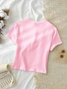 95% algodón. Camiseta corta de manga corta, cuello redondo, ajustada y recortada de unicolor minimalista casual para mujer, vintage, softgirl, elegante. Se puede usar en todas las estaciones, old money, salidas de verano, en casa, vuelta al cole, otoño. - Rosa Pálido - Ver 2