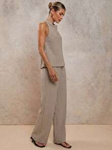 Conjunto de dos piezas elegante de rayas para vacaciones de mujer, primavera/verano - Caqui 2 - Ver 6