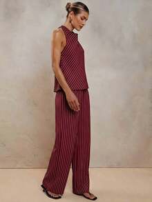 Conjunto de dos piezas elegante de rayas para vacaciones de mujer, primavera/verano - Rojo - Ver 6