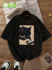 Camiseta de manga corta con estampado divertido de gato 100% algodón, diseño único de lote pequeño, camiseta casual para mujer, tela suave, cómoda camiseta de cuello redondo, camiseta negra retro, ropa de mujer, para usar en primavera/veranoPure-Cotton - Negro 1 - Ver 7