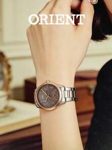 Orient 女士复古方形表盘腕表，优雅玫瑰金表壳，棕色皮表带，蓝色指针，适合日常佩戴 FSX09002K0 - 銀色 - 查看 3