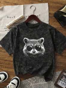 Short-Sleeved T-Shirt With Round Neck, Raccoon Print And Tie-Dye, Minimalist And Fashionable Style For Summer, Versatile And Elegant Blouse For Women In Black (Retro Style, Fresh Style, Sweet Style, Unisex) - 黑色 - 查看 4