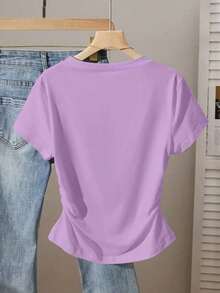 Blusa casual de mujer con estampado de leopardo, cintura fruncida, adecuada para exteriores, citas, vuelta al colegio, versátil, color vino tinto con diseño de corazón - Morado 2 - Ver 2