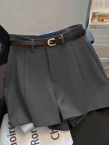 Women's Summer Solid Color Shorts, Mid-High Waist, Versatile And Fashionable For Everyday Wear, With Belt - 灰色的 - 查看 2