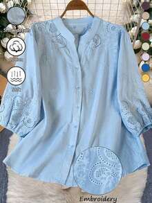 Lightweight, Semi-Sheer Blouse With A V-Neck And Unstructured Embroidery, Perfect For Spring/Summer And Holidays - Blue - View 1