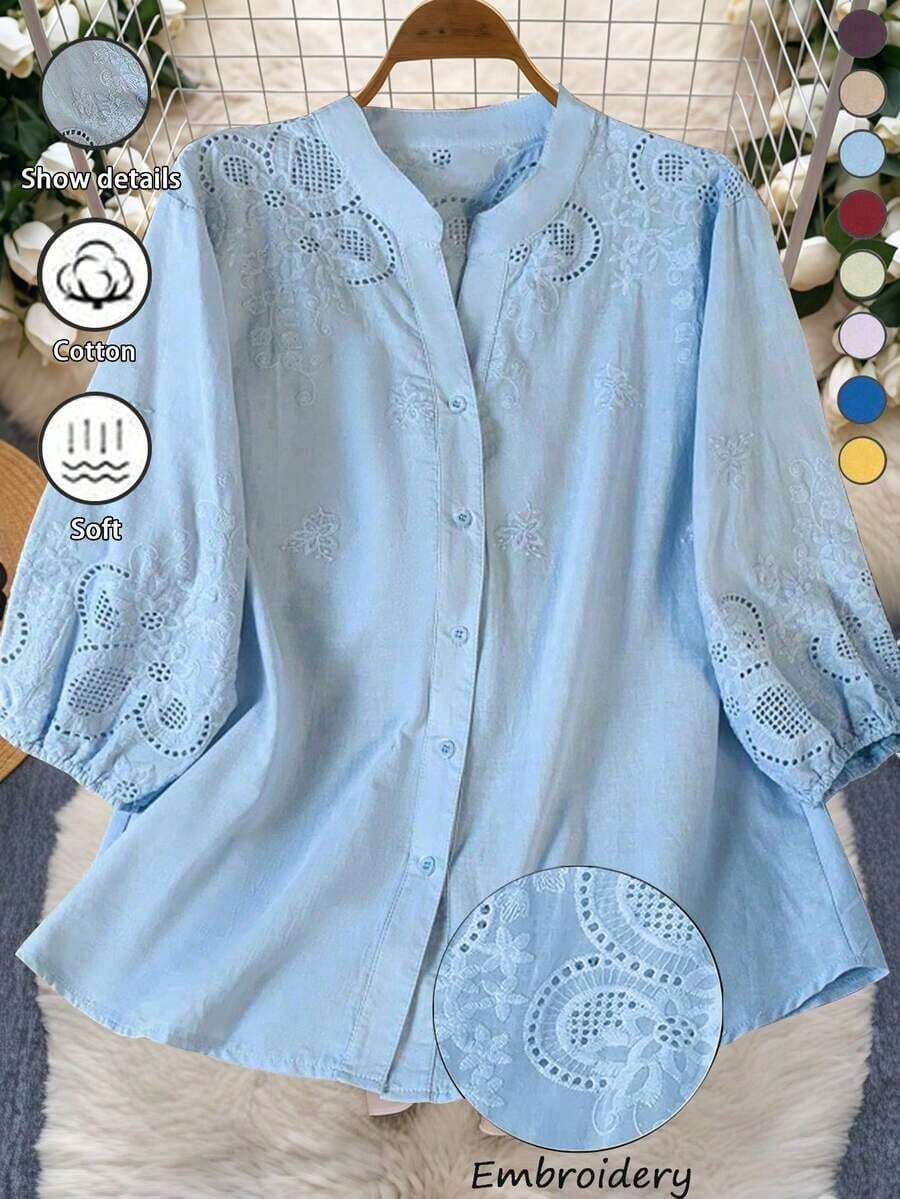 Lightweight, Semi-Sheer Blouse With A V-Neck And Unstructured Embroidery, Perfect For Spring/Summer And Holidays - Blue - View 1