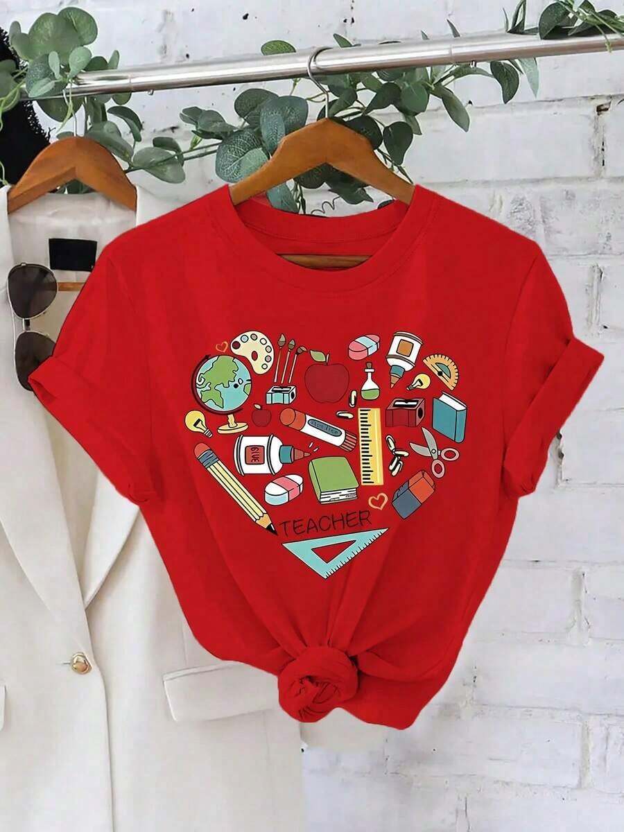 Soft 100% Cotton T-Shirt. Women's Summer T-Shirt With Modern Prints, Casual T-Shirt, 180 Grams. Breathable Cotton Tee, All-Around Cool. - 紅色 - 查看 1