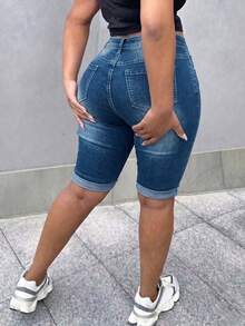 Women's Casual Distressed Elastic Denim Shorts, Suitable For Commuting And Daily Wear, Spring/Summer - Medium Wash - View 2