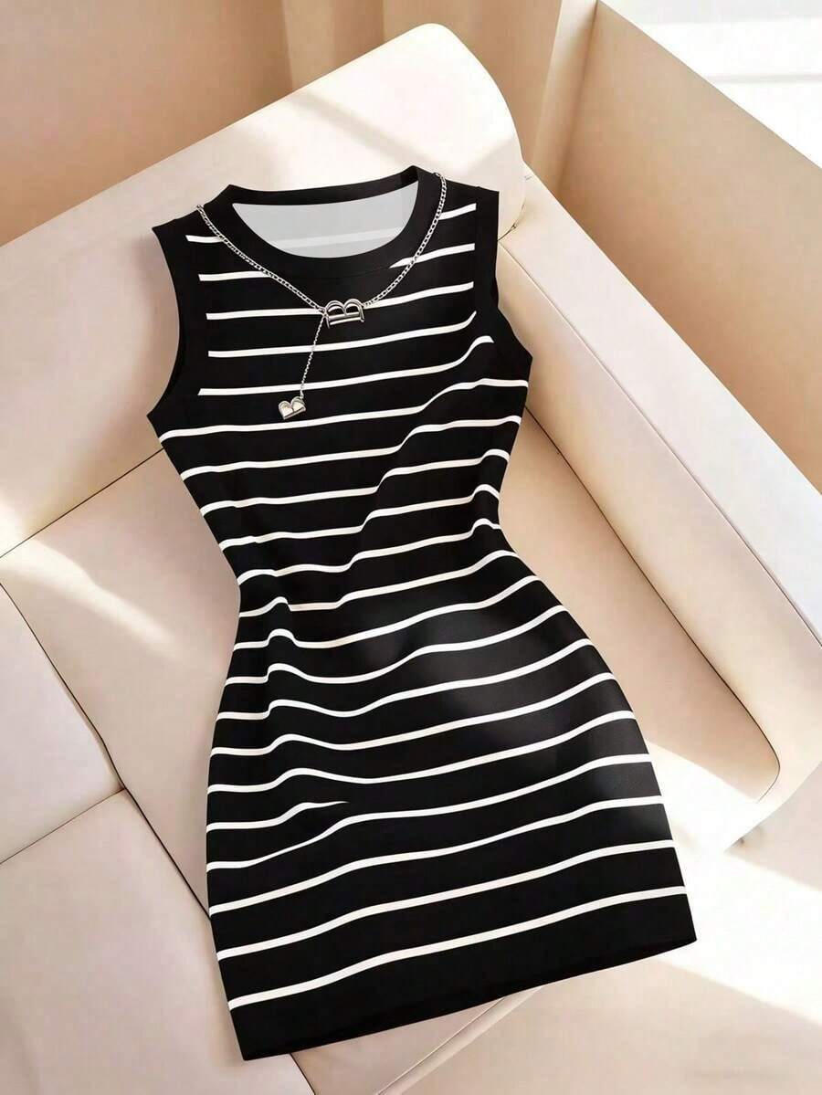 Vestido de mujer de cuello redondo ajustado sin mangas con estampado de rayas, primavera/verano - Multicolor 8 - Ver 1